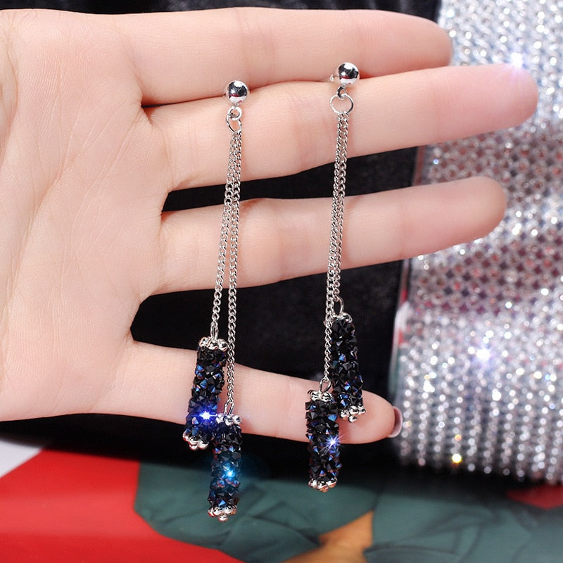 Korea high-end creative blue imitation rhinestone tassel earrings