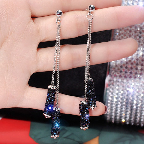 Korea high-end creative blue imitation rhinestone tassel earrings